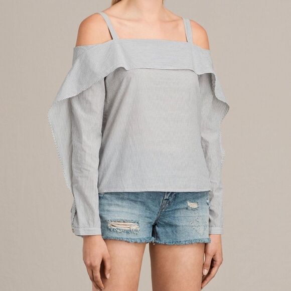 All Saints Tops - ALLSAINTS ~ Medium ~ Poplin Cotton Micro KHAN STRIPE Frill Off Shoulder Top 008